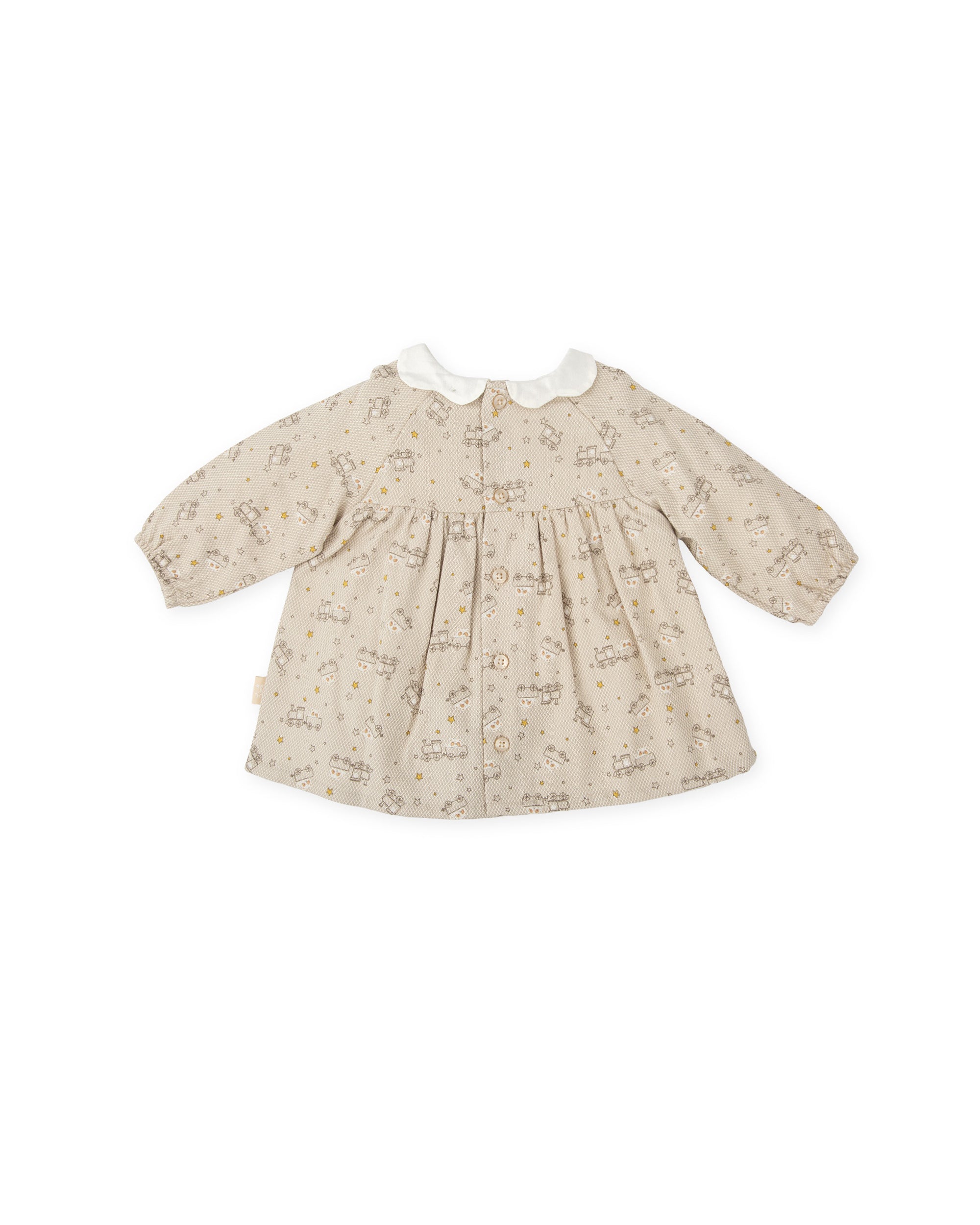BABY DRESS WITH A BEIGE TRAIN PRINT