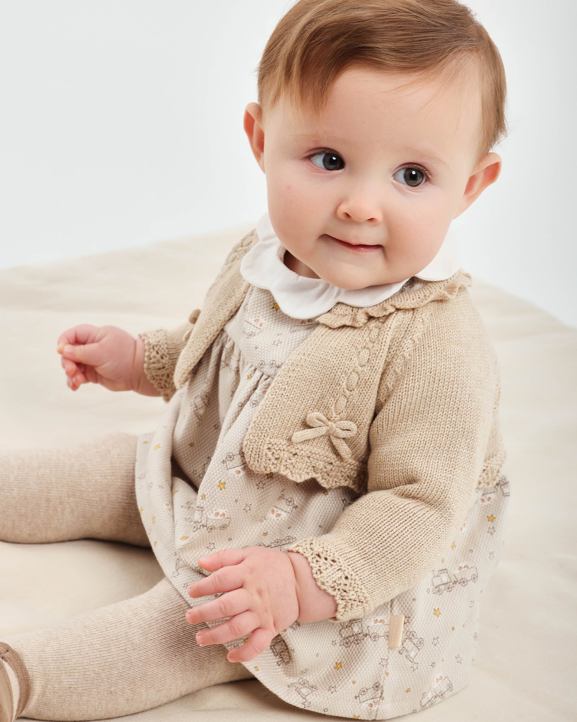 Baby Dress with a Beige Train Print Tutto Piccolo USA | Clothing for Babies, Toddlers and Kids Baby Dress with a Beige Train Print Tutto Piccolo USA | Clothing for Babies, Toddlers and Kids