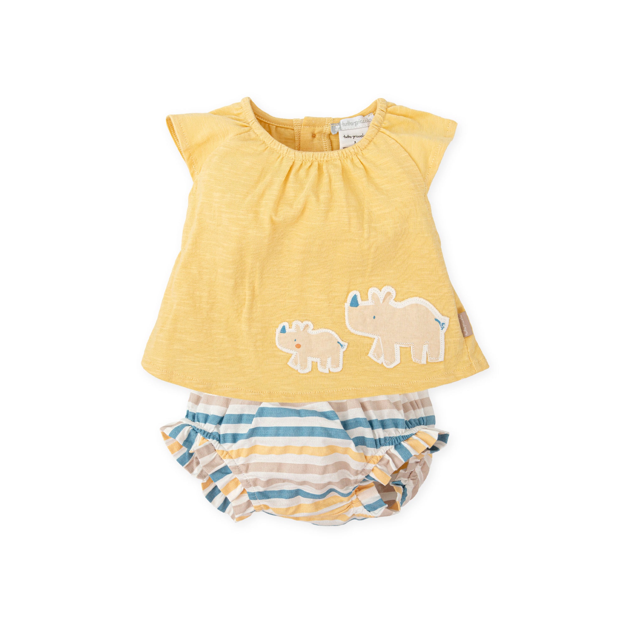 Baby Outfit Set – Rhino Appliqué Top & Striped Bloomers | 100% Cotton