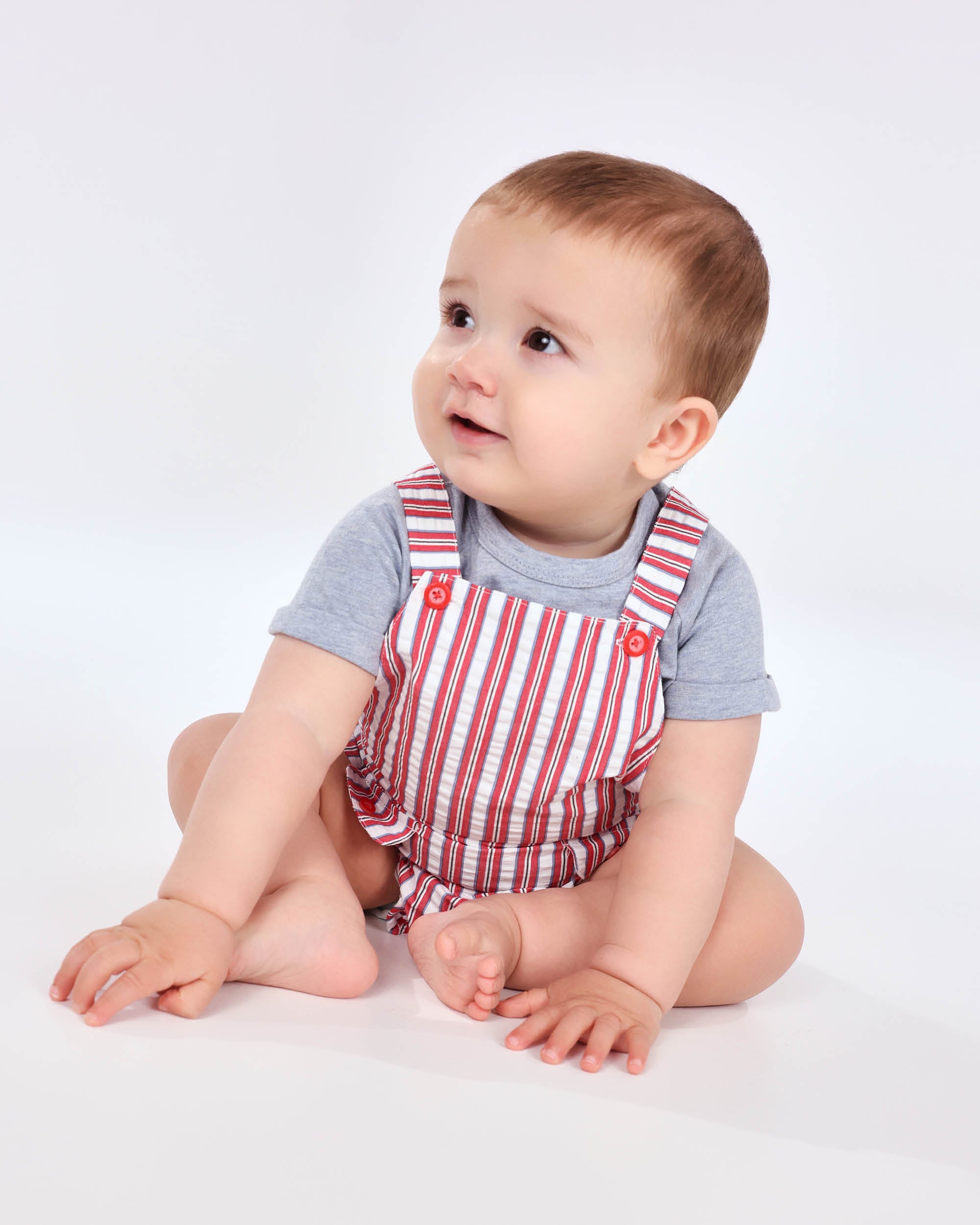DUNGAREE RED BABY | Baby Romper – Red & Blue Stripes | Classic Summer Look