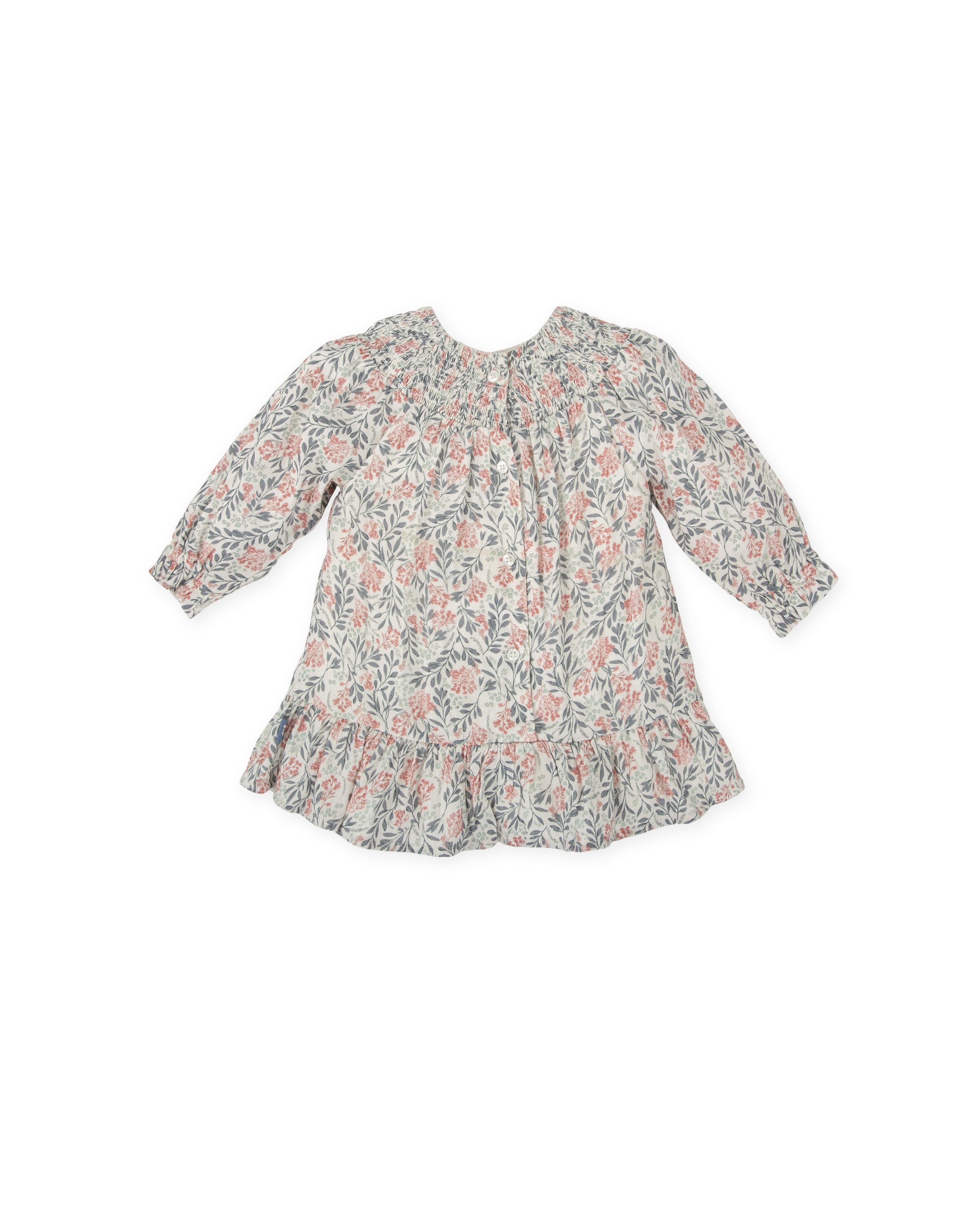 LONG SLEEVES & SMOCKED YOKE DRESS WITH FLORAL PRINT