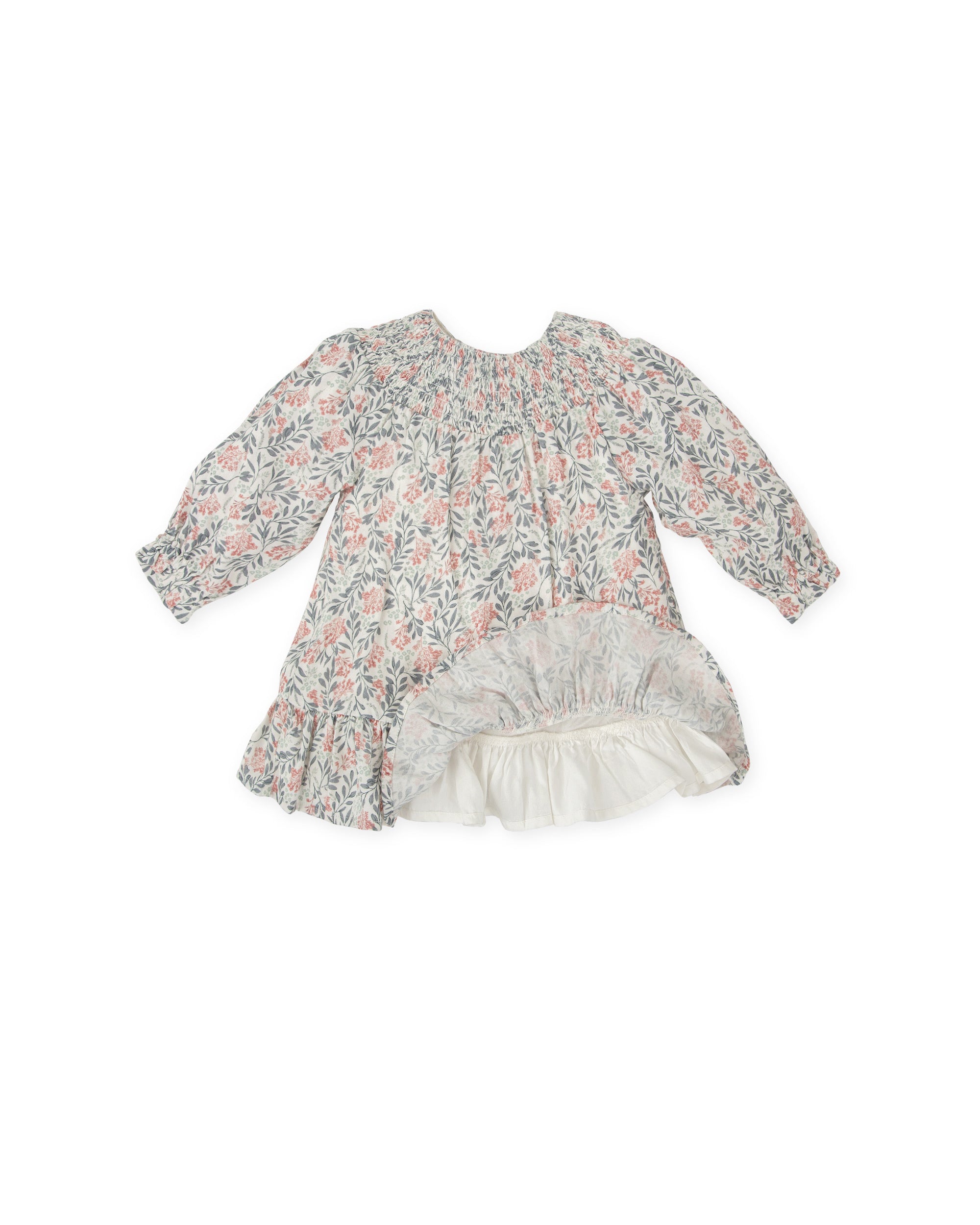 LONG SLEEVES & SMOCKED YOKE DRESS WITH FLORAL PRINT