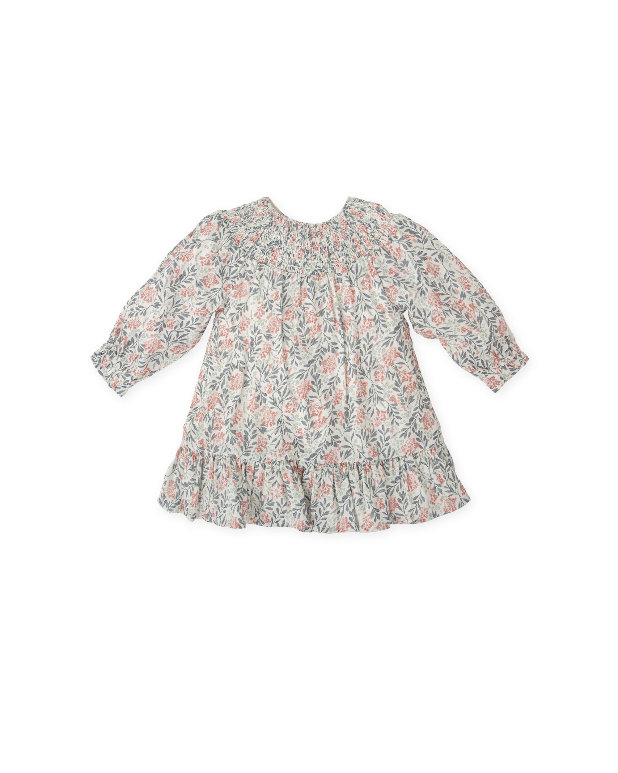 LONG SLEEVES & SMOCKED YOKE DRESS WITH FLORAL PRINT
