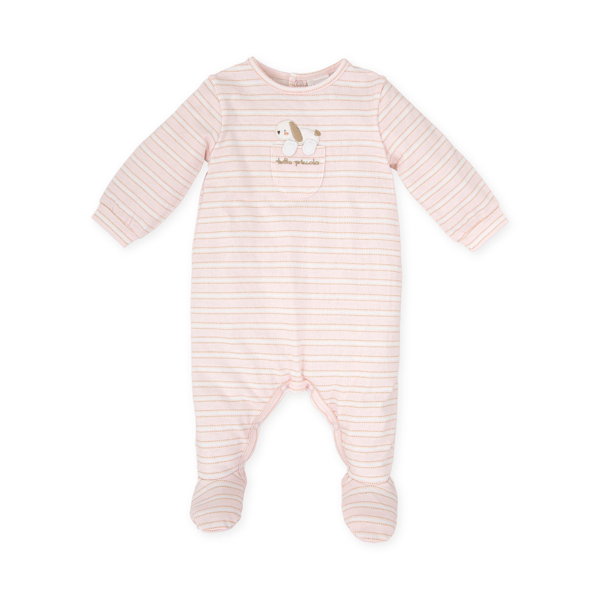 Striped Puppy Appliqué Footed Onesie – Pink | 100% Cotton