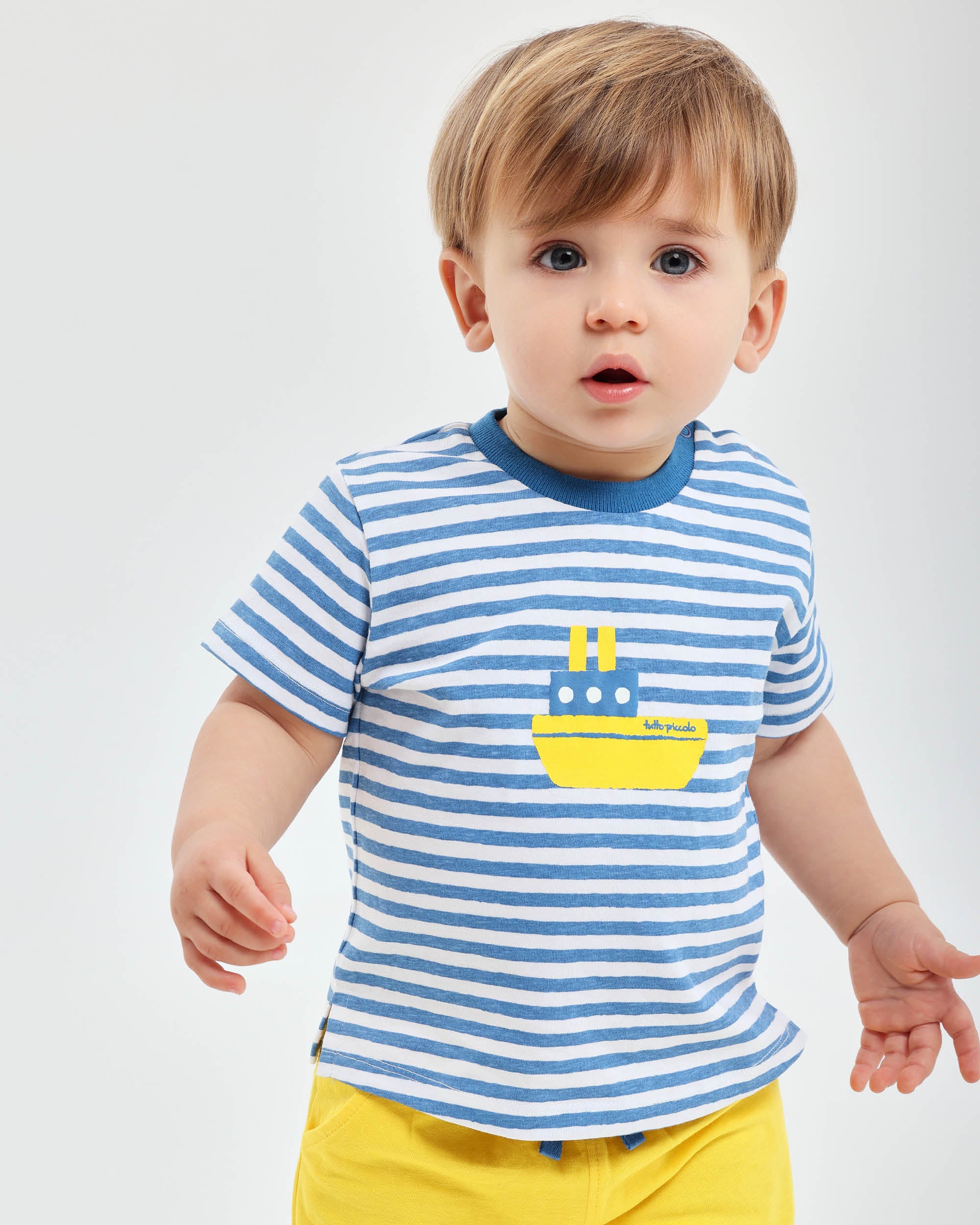 2 PIECES SET ATLANTIC BLUE | Baby & Toddler Summer Outfit | Nautical Striped T-Shirt & Yellow Shorts Set