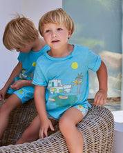T-SHIRT AQUAMARINE | Boys’ Summer Graphic T-Shirt – Aqua Blue with Village Scene Print