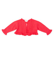 Red tricot jacket with braid detail and ruffles on cuffs and hem for baby or toddler